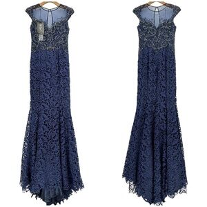 Mac Duggal Stunning Mesh Princess Beaded Lace Midnight Mermaid Maxi Gown Size 8